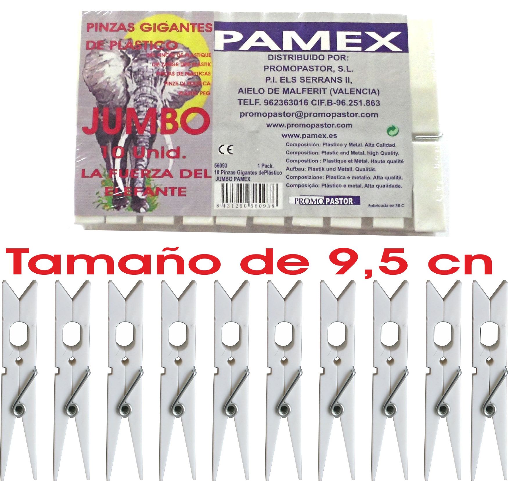 PINZA PLASTICO GIGANTE JUMBO BLANCA 10 UNID. PAMEX
