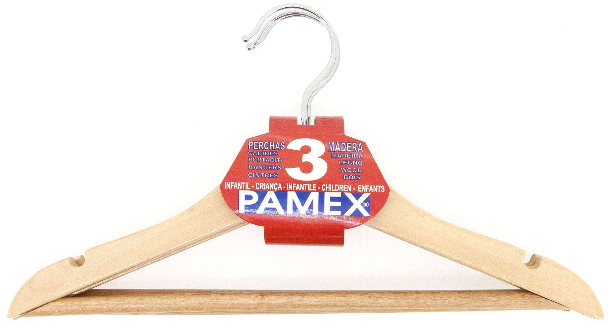 Pamex - Pack 3 perchas de madera natural 22,5 x 44 cm. Juego de